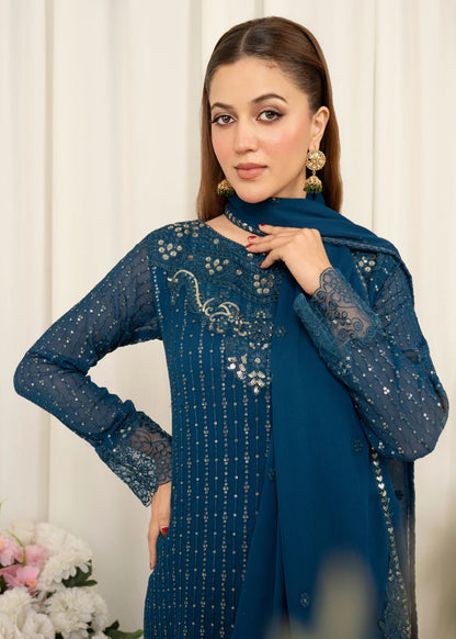 Chiffon Teal 3 pcs long kurta with trousers & Dupatta