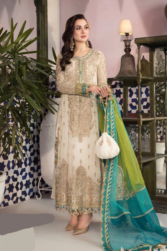Cream Embroidered Pure Chiffon 3 pc suit with tie & dye dupatta